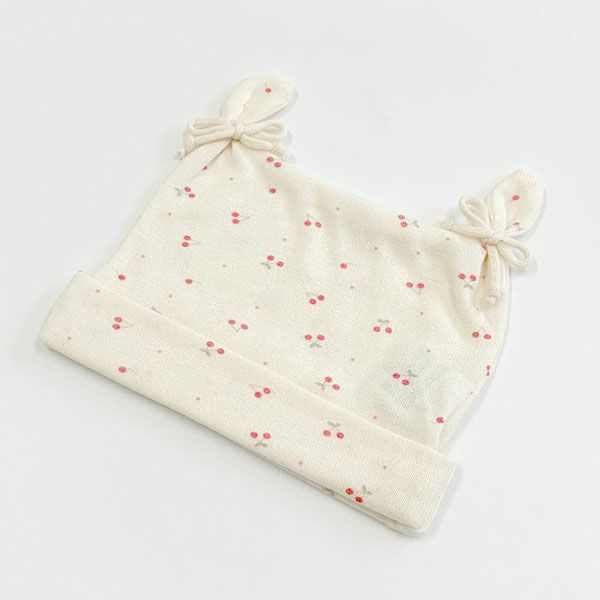 オーガニックコットン ベビー吊天竺2つ結び帽子 さくらんぼ