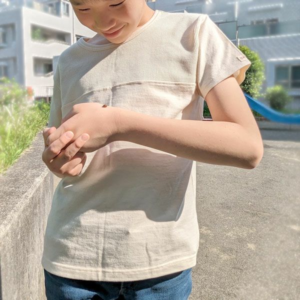 オーガニックコットン キッズワッフル切替半袖Tシャツ