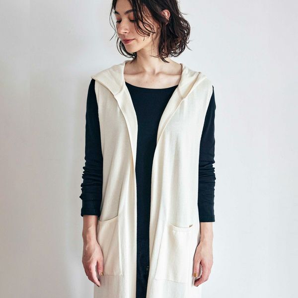 オーガニックコットン ニットフーディーロングジレ