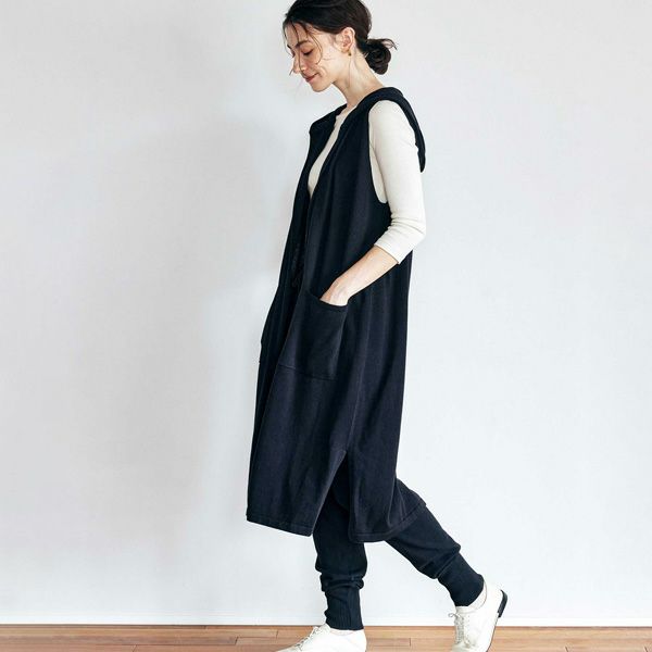 オーガニックコットン ニットフーディーロングジレ