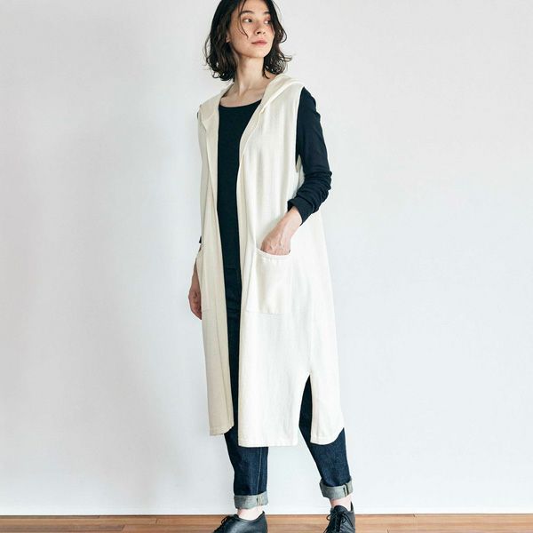 オーガニックコットン ニットフーディーロングジレ