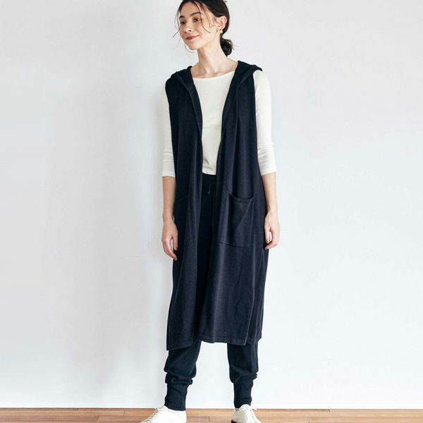 オーガニックコットン ニットフーディーロングジレ