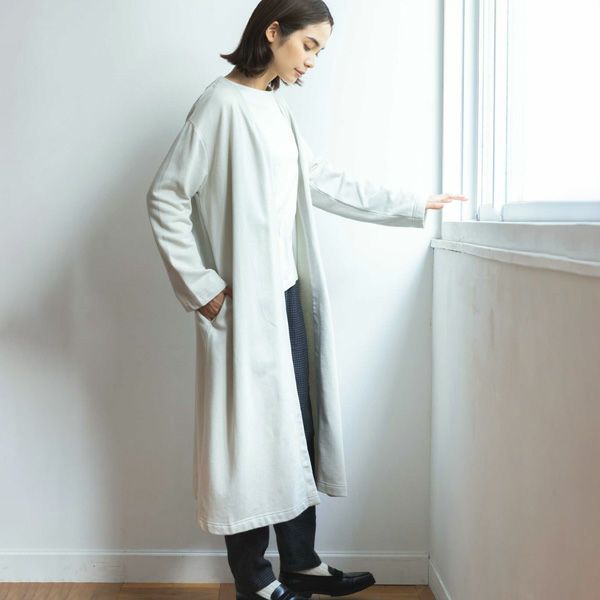 オーガニックコットン 裏起毛ノーカラーロングコート