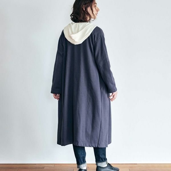 オーガニックコットン 裏起毛ノーカラーロングコート