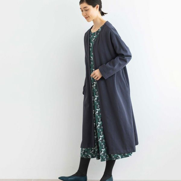 オーガニックコットン 裏起毛ノーカラーロングコート