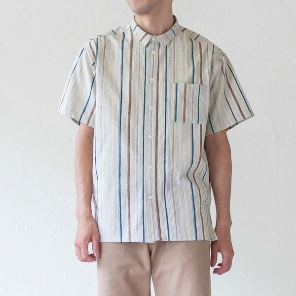 オーガニックコットン メンズチソウストライプシャツ(半袖)