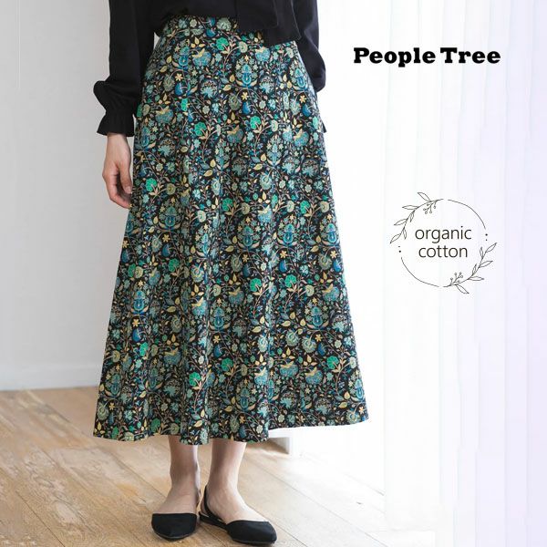 オーガニックコットン Ｖ＆Ａ サテン フレアスカート ヤスミン柄