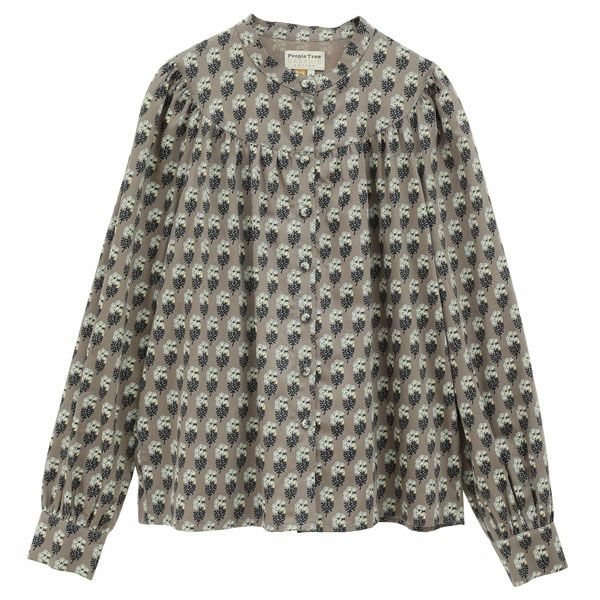 オーガニックコットン Ｖ＆Ａ サテン ギャザーブラウス エスター柄