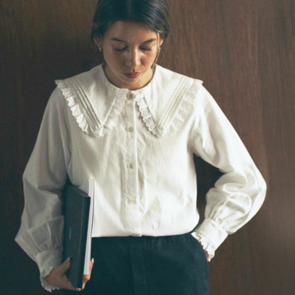 オーガニックコットン クラシックローズレース襟ブラウス