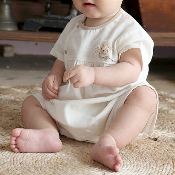 オーガニックコットン ベビー【手編みモチーフ】ガーゼロンパース