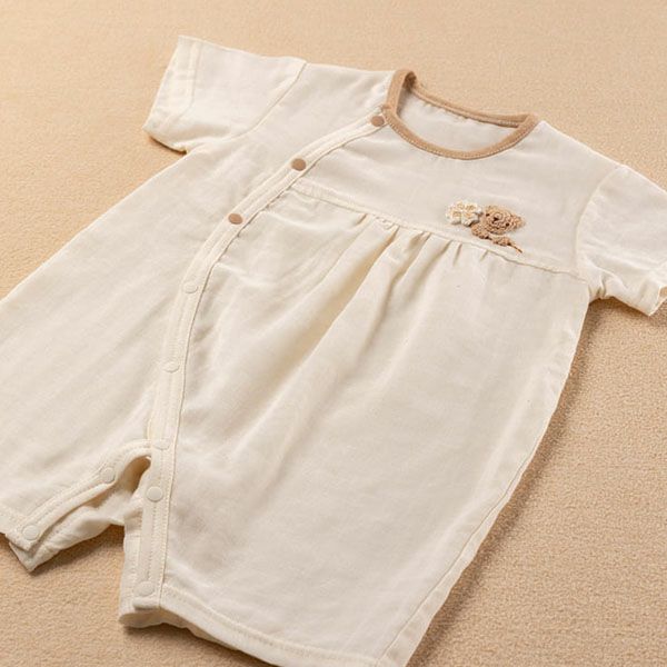 オーガニックコットン ベビー【手編みモチーフ】ガーゼロンパース