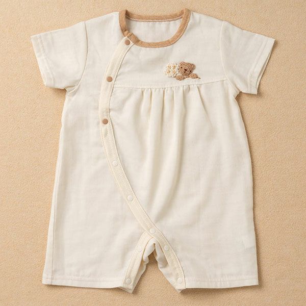 オーガニックコットン ベビー【手編みモチーフ】ガーゼロンパース
