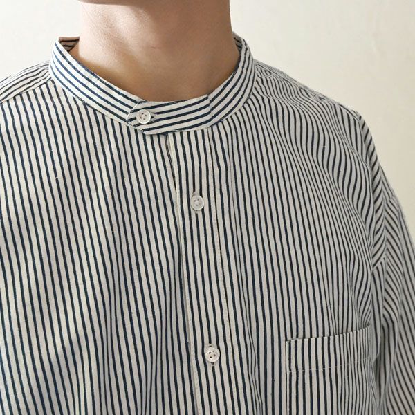 オーガニックコットン メンズ タテシマキチントストラップシャツ（長袖）