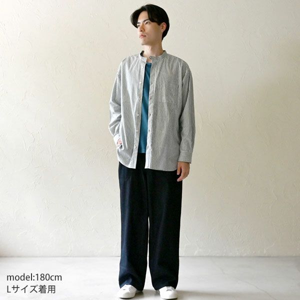 オーガニックコットン メンズ タテシマキチントストラップシャツ（長袖）