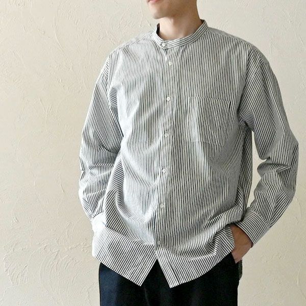 オーガニックコットン メンズ タテシマキチントストラップシャツ（長袖）