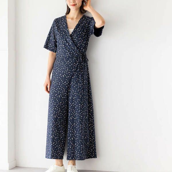 オーガニックコットン ストレッチリーフ柄プリントオールインワン