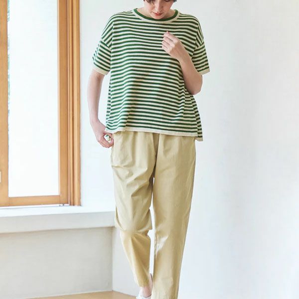 オーガニックコットン ニットボーダー柄半袖トップ