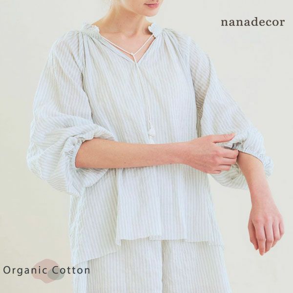 オーガニックコットン ユーカリストライプ タッセルブラウス