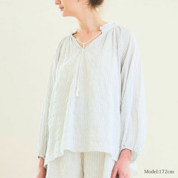 オーガニックコットン ユーカリストライプ タッセルブラウス