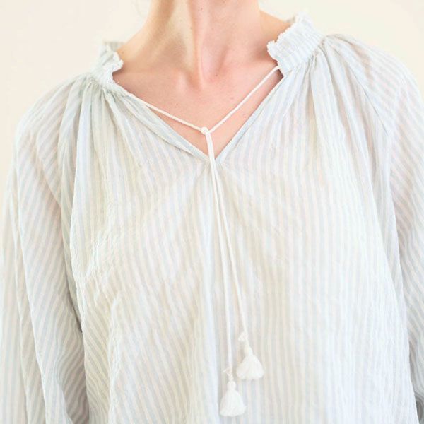 オーガニックコットン ユーカリストライプ タッセルブラウス