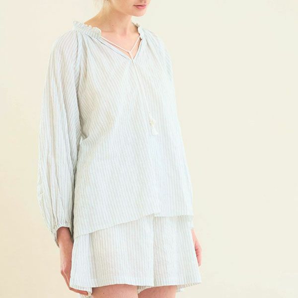 オーガニックコットン ユーカリストライプ タッセルブラウス