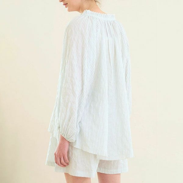 オーガニックコットン ユーカリストライプ タッセルブラウス
