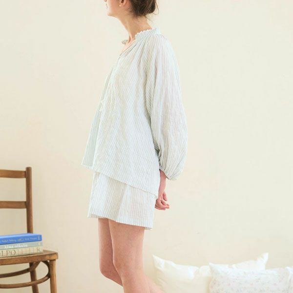 オーガニックコットン ユーカリストライプ タッセルブラウス