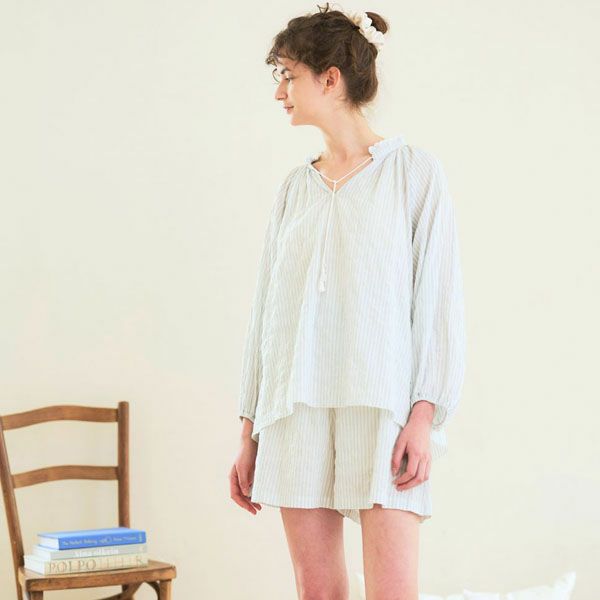 オーガニックコットン ユーカリストライプ タッセルブラウス