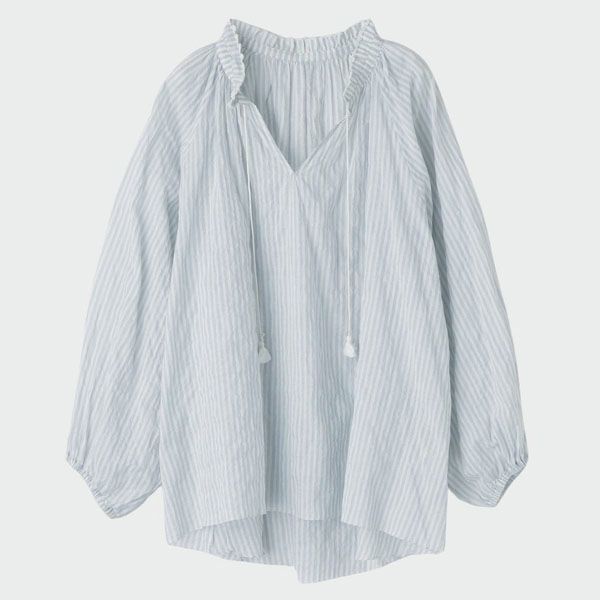 オーガニックコットン ユーカリストライプ タッセルブラウス