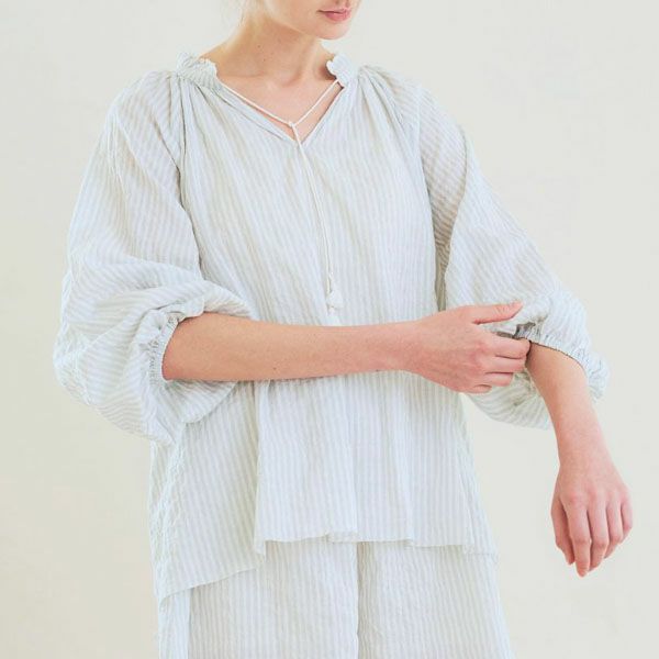 オーガニックコットン ユーカリストライプ タッセルブラウス