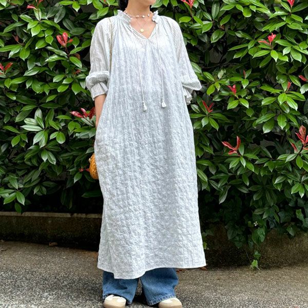 オーガニックコットン ユーカリストライプ タッセルワンピース