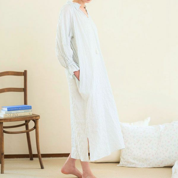 オーガニックコットン ユーカリストライプ タッセルワンピース