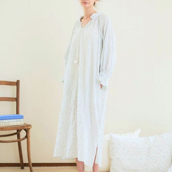 オーガニックコットン ユーカリストライプ タッセルワンピース