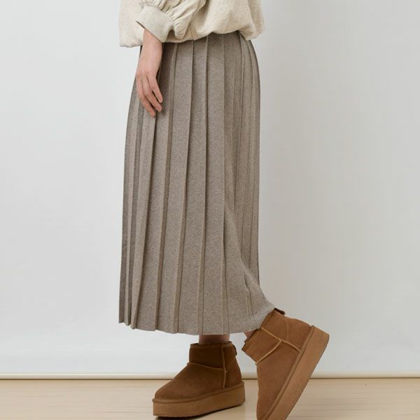PRISTINE オーガニックコットン100% ニットプリーツスカート ベルト付 オーガニックコットン&ヤク フォレストグレイ ニットプリーツスカート